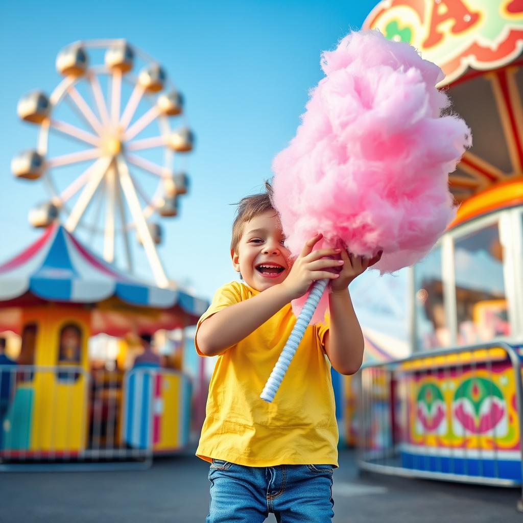 A child joyfully playing with an oversized cotton candy in a lively carnival setting