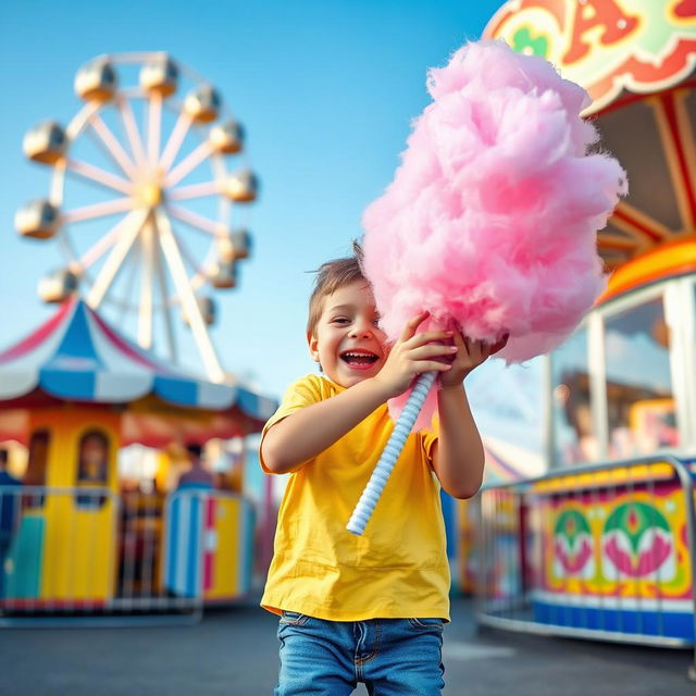 A child joyfully playing with an oversized cotton candy in a lively carnival setting