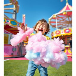 A child joyfully playing with an oversized cotton candy in a lively carnival setting