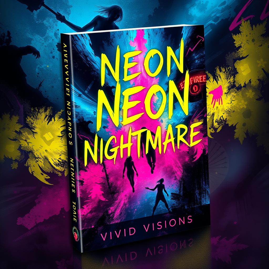 A striking book cover design for 'Neon Nightmares' by Vivid Visions, capturing the eerie and unsettling atmosphere of a psychological horror