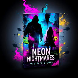 A striking book cover design for 'Neon Nightmares' by Vivid Visions, capturing the eerie and unsettling atmosphere of a psychological horror