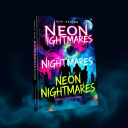 A striking book cover design for 'Neon Nightmares' by Vivid Visions, capturing the eerie and unsettling atmosphere of a psychological horror