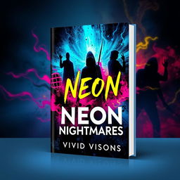 A striking book cover design for 'Neon Nightmares' by Vivid Visions, capturing the eerie and unsettling atmosphere of a psychological horror