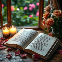 A picturesque scene of an open book lying on a wooden table, surrounded by soft candlelight and delicate rose petals gently scattered around