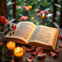 A picturesque scene of an open book lying on a wooden table, surrounded by soft candlelight and delicate rose petals gently scattered around