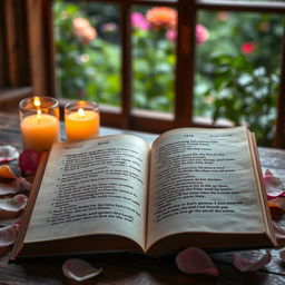 A picturesque scene of an open book lying on a wooden table, surrounded by soft candlelight and delicate rose petals gently scattered around