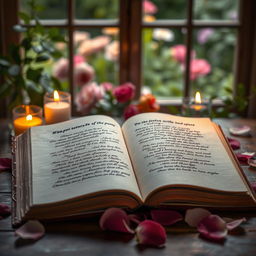 A picturesque scene of an open book lying on a wooden table, surrounded by soft candlelight and delicate rose petals gently scattered around