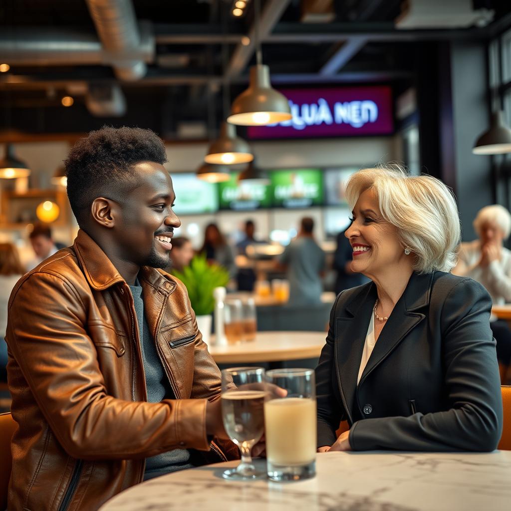 A young black male and a white mature woman having a pleasant and engaging conversation at a modern cafe