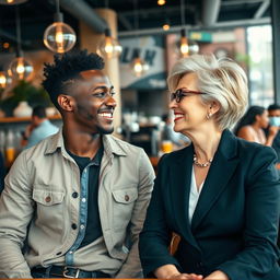 A young black male and a white mature woman having a pleasant and engaging conversation at a modern cafe