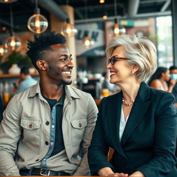 A young black male and a white mature woman having a pleasant and engaging conversation at a modern cafe