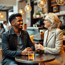 A young black male and a white mature woman having a pleasant and engaging conversation at a modern cafe