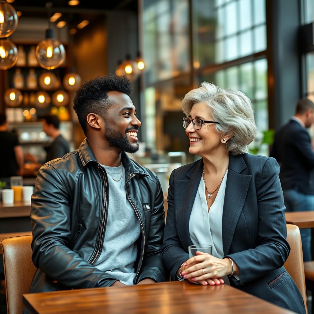 A young black male and a white mature woman having a pleasant and engaging conversation at a modern cafe