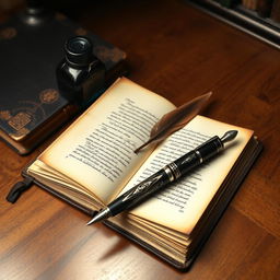 A vintage still life arrangement featuring an aged hardcover book, an antique ink bottle, and a beautifully crafted fountain pen