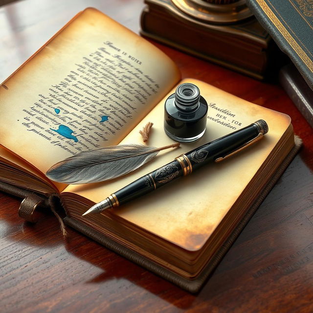 A vintage still life arrangement featuring an aged hardcover book, an antique ink bottle, and a beautifully crafted fountain pen