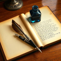 A vintage still life arrangement featuring an aged hardcover book, an antique ink bottle, and a beautifully crafted fountain pen