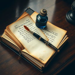 A vintage still life arrangement featuring an aged hardcover book, an antique ink bottle, and a beautifully crafted fountain pen