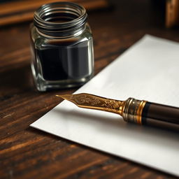 A detailed close-up of an ornate fountain pen and an antique ink pot