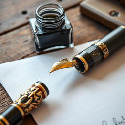 A detailed close-up of an ornate fountain pen and an antique ink pot