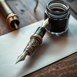 A detailed close-up of an ornate fountain pen and an antique ink pot