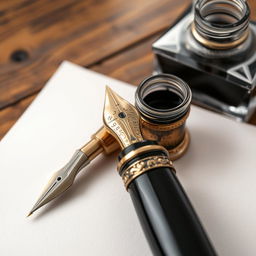 A detailed close-up of an ornate fountain pen and an antique ink pot