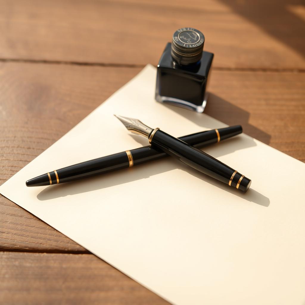 A close-up still life composition featuring a blank sheet of cream-colored paper, a classic fountain pen, and a vintage ink bottle