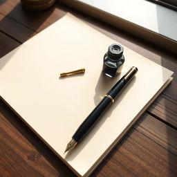 A close-up still life composition featuring a blank sheet of cream-colored paper, a classic fountain pen, and a vintage ink bottle