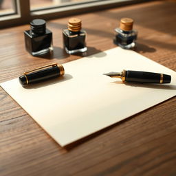 A close-up still life composition featuring a blank sheet of cream-colored paper, a classic fountain pen, and a vintage ink bottle