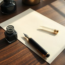 A close-up still life composition featuring a blank sheet of cream-colored paper, a classic fountain pen, and a vintage ink bottle