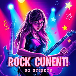 A rock concert poster dedicated to students, with a realistic depiction of a girl at the center playing an electric guitar