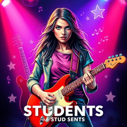 A rock concert poster dedicated to students, with a realistic depiction of a girl at the center playing an electric guitar