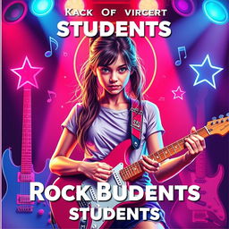 A rock concert poster dedicated to students, with a realistic depiction of a girl at the center playing an electric guitar