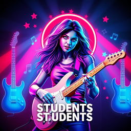 A rock concert poster dedicated to students, with a realistic depiction of a girl at the center playing an electric guitar