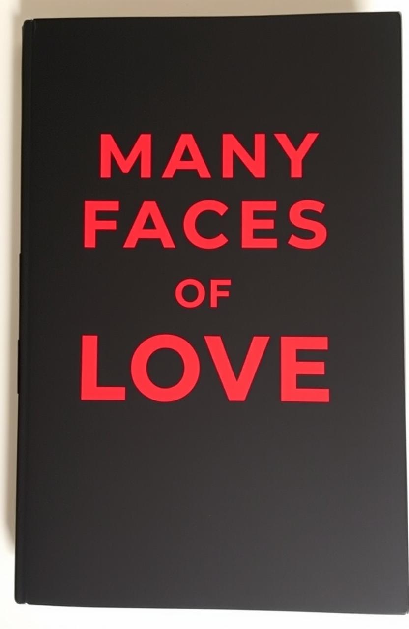 A simple design featuring a black cover that prominently displays the title "THE MANY FACES OF LOVE" in bold, large red lettering