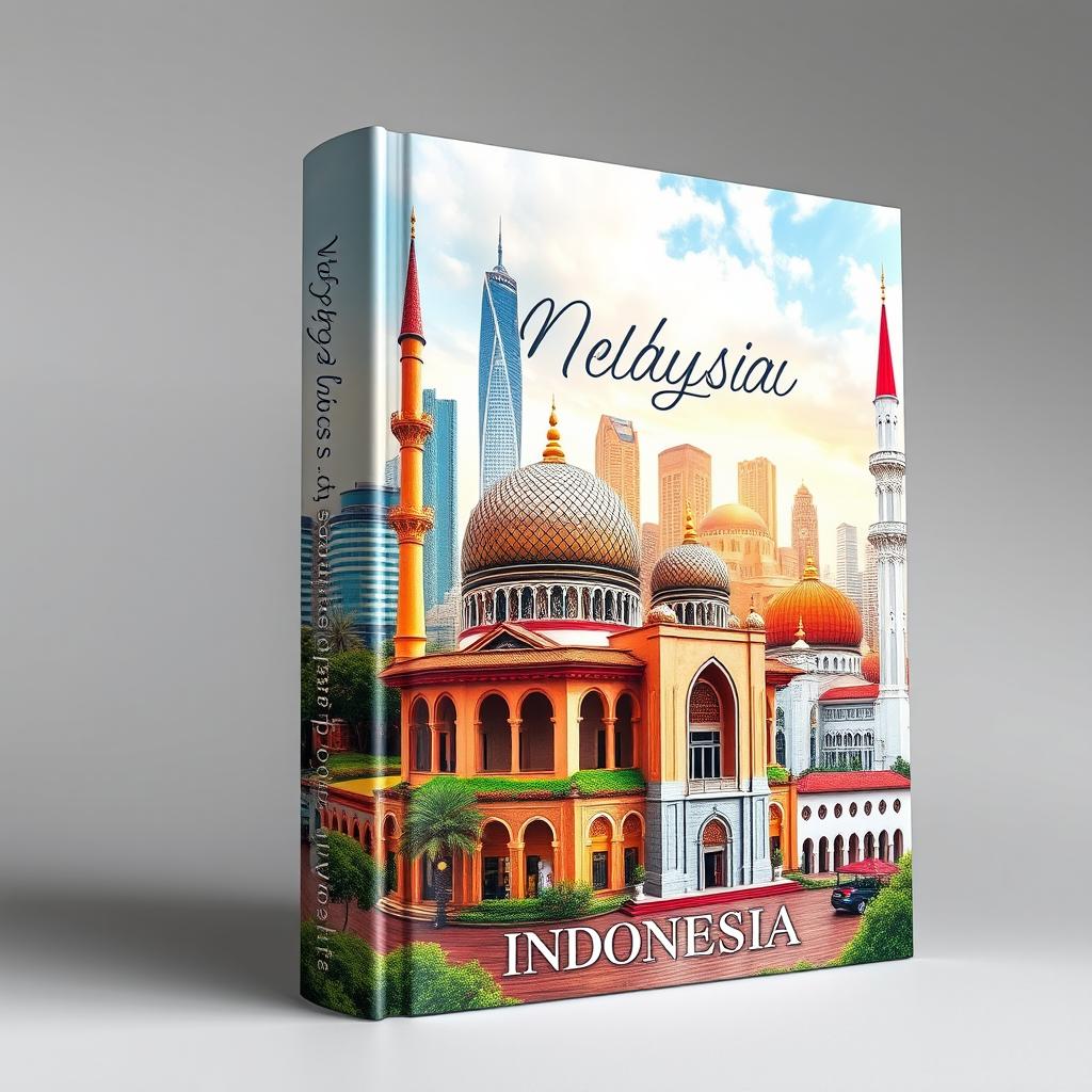 A vibrant and inspiring book cover design featuring iconic mosques from Malaysia, Singapore, and Indonesia