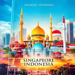 A vibrant and inspiring book cover design featuring iconic mosques from Malaysia, Singapore, and Indonesia