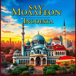 A vibrant and inspiring book cover design featuring iconic mosques from Malaysia, Singapore, and Indonesia