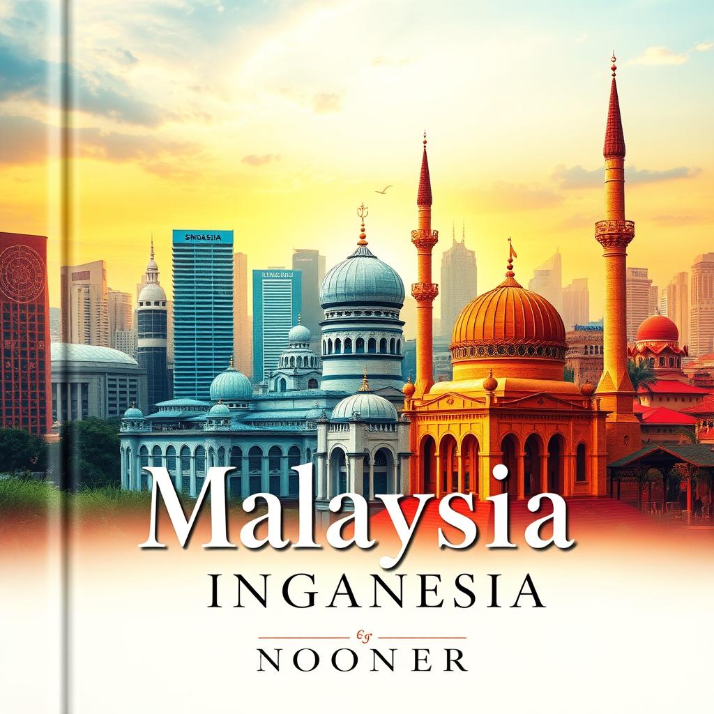 A vibrant and inspiring book cover design featuring iconic mosques from Malaysia, Singapore, and Indonesia