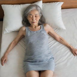 A 70-year-old, thin Japanese grandmother with wrinkled skin, wearing a mini skirt and tank top, her long, graying hair spread out. She's sleeping on a mattress with her right knee raised.