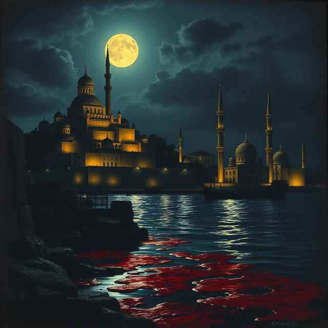 A dramatic depiction of Alexandria, Egypt in the year 1700, featuring a nighttime scene by the sea