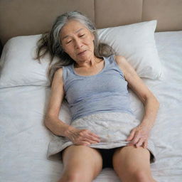 A 70-year-old, thin Japanese grandmother with wrinkled skin, wearing a mini skirt and tank top, her long, graying hair spread out. She's sleeping on a mattress with her right knee raised.