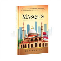 A captivating book cover design featuring iconic mosques from Malaysia, Singapore, and Indonesia