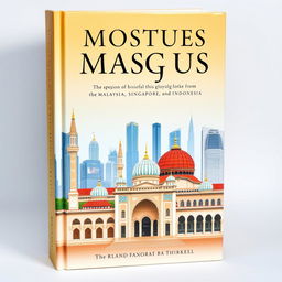 A captivating book cover design featuring iconic mosques from Malaysia, Singapore, and Indonesia