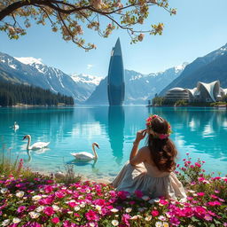 A super realistic photograph capturing a woman sitting sideways on a flower-covered lakeshore, wearing a dress and a beautiful wildflower wreath