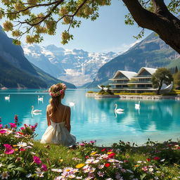 A super realistic photograph capturing a woman sitting sideways on a flower-covered lakeshore, wearing a dress and a beautiful wildflower wreath