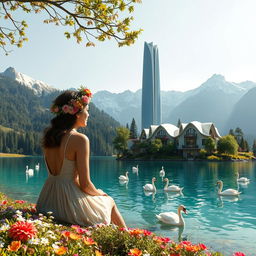 A super realistic photograph capturing a woman sitting sideways on a flower-covered lakeshore, wearing a dress and a beautiful wildflower wreath