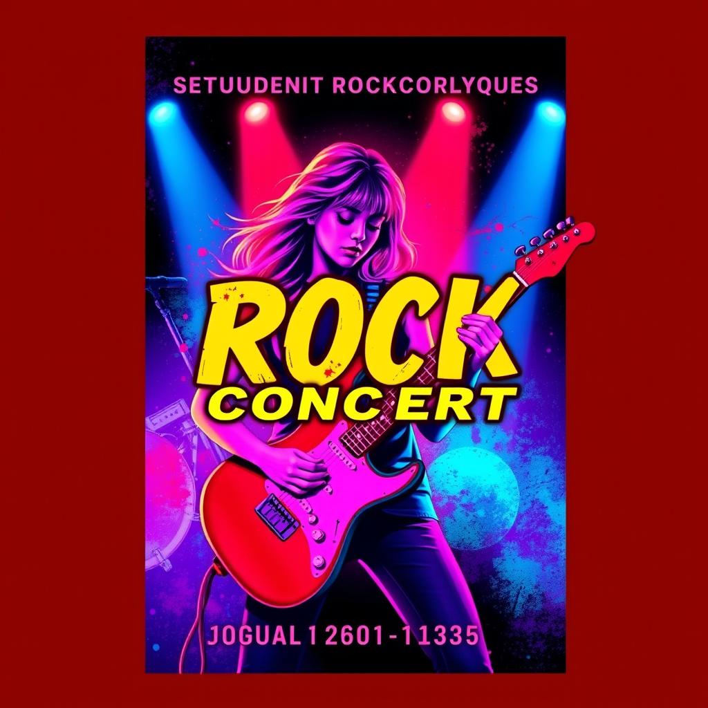 A vibrant and eye-catching poster for a student rock concert featuring a central image of a girl holding a guitar