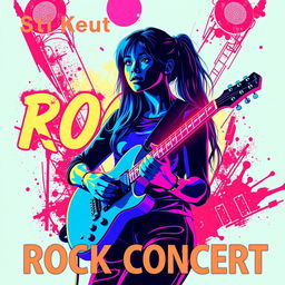 A vibrant and eye-catching poster for a student rock concert featuring a central image of a girl holding a guitar