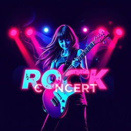 A vibrant and eye-catching poster for a student rock concert featuring a central image of a girl holding a guitar