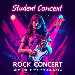 A vibrant and eye-catching poster for a student rock concert featuring a central image of a girl holding a guitar