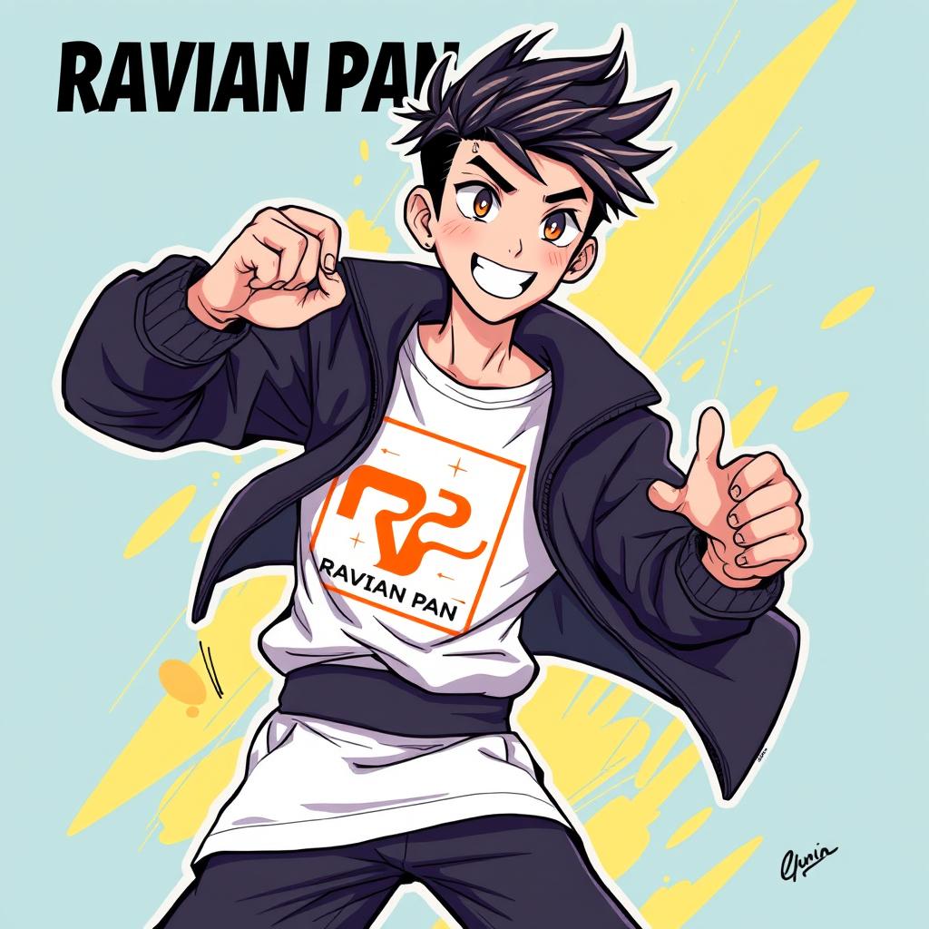 A dynamic and expressive illustration of a character named Ravian Pan, showcasing an eye-catching logo on their clothing